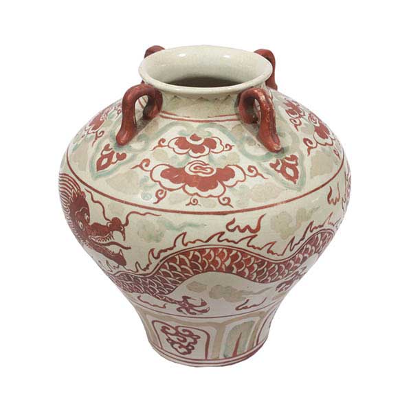A jar with red dragon decoration 