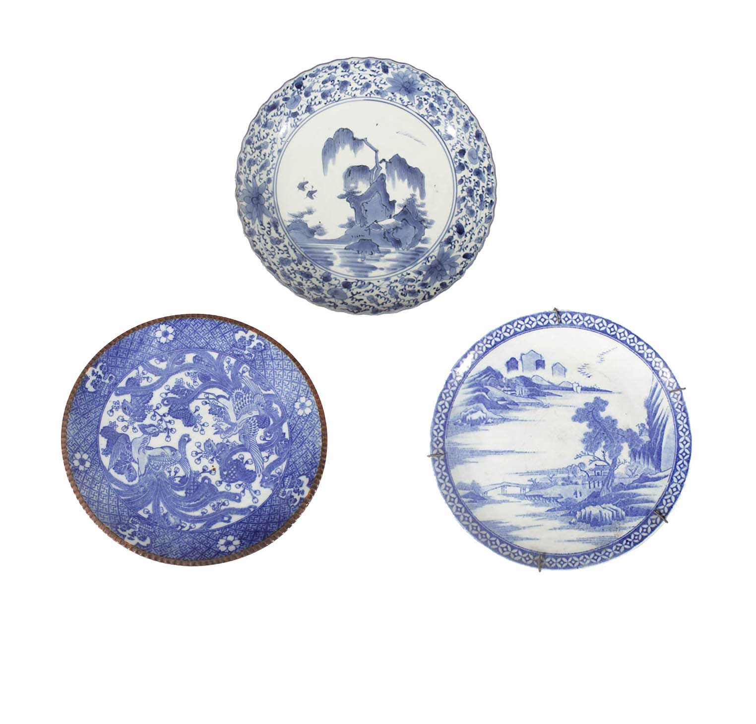 Three pieces Japanese blue and white dishes