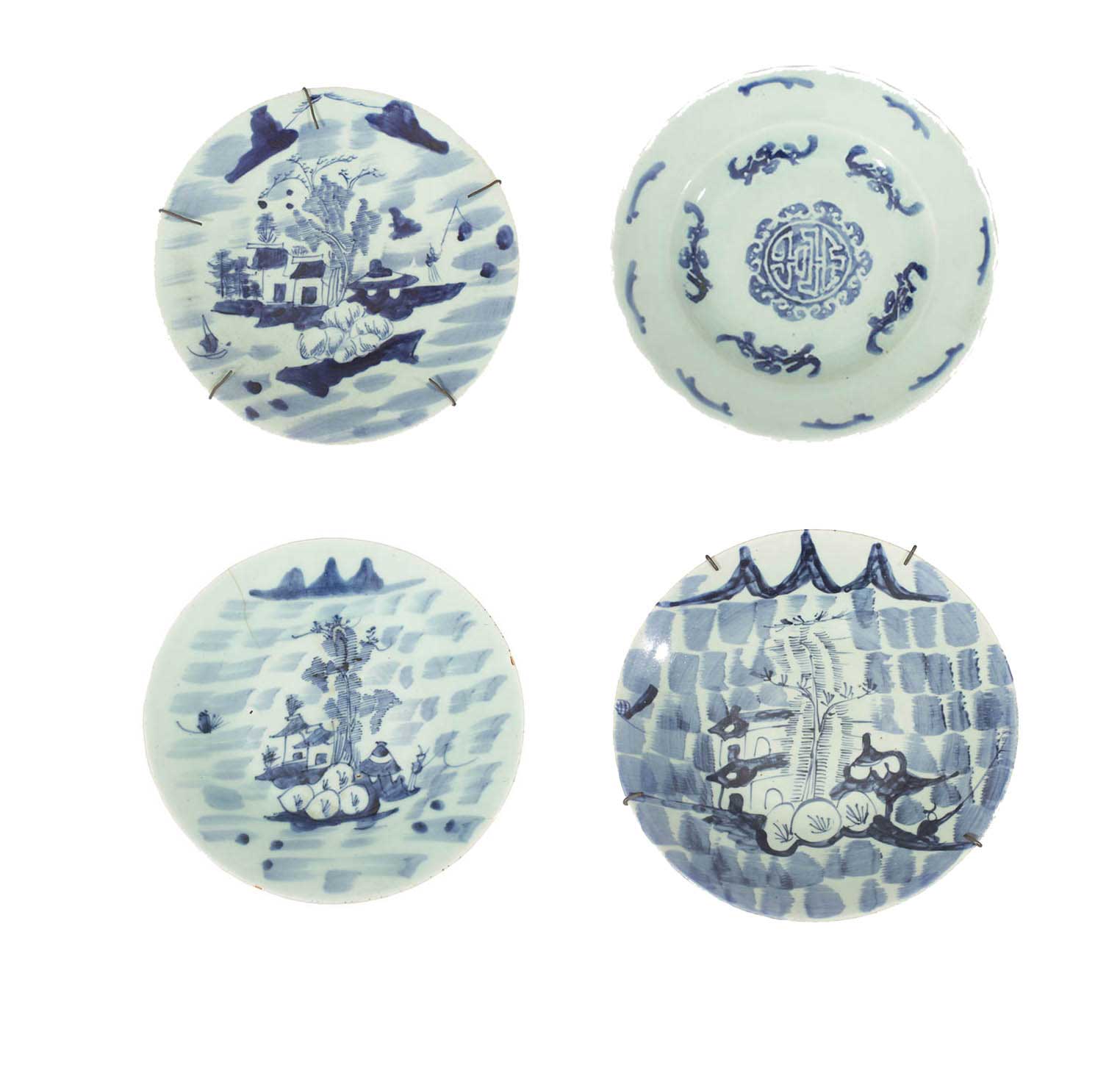 Six 18 - 19th century kitchen Qing blue and white plates