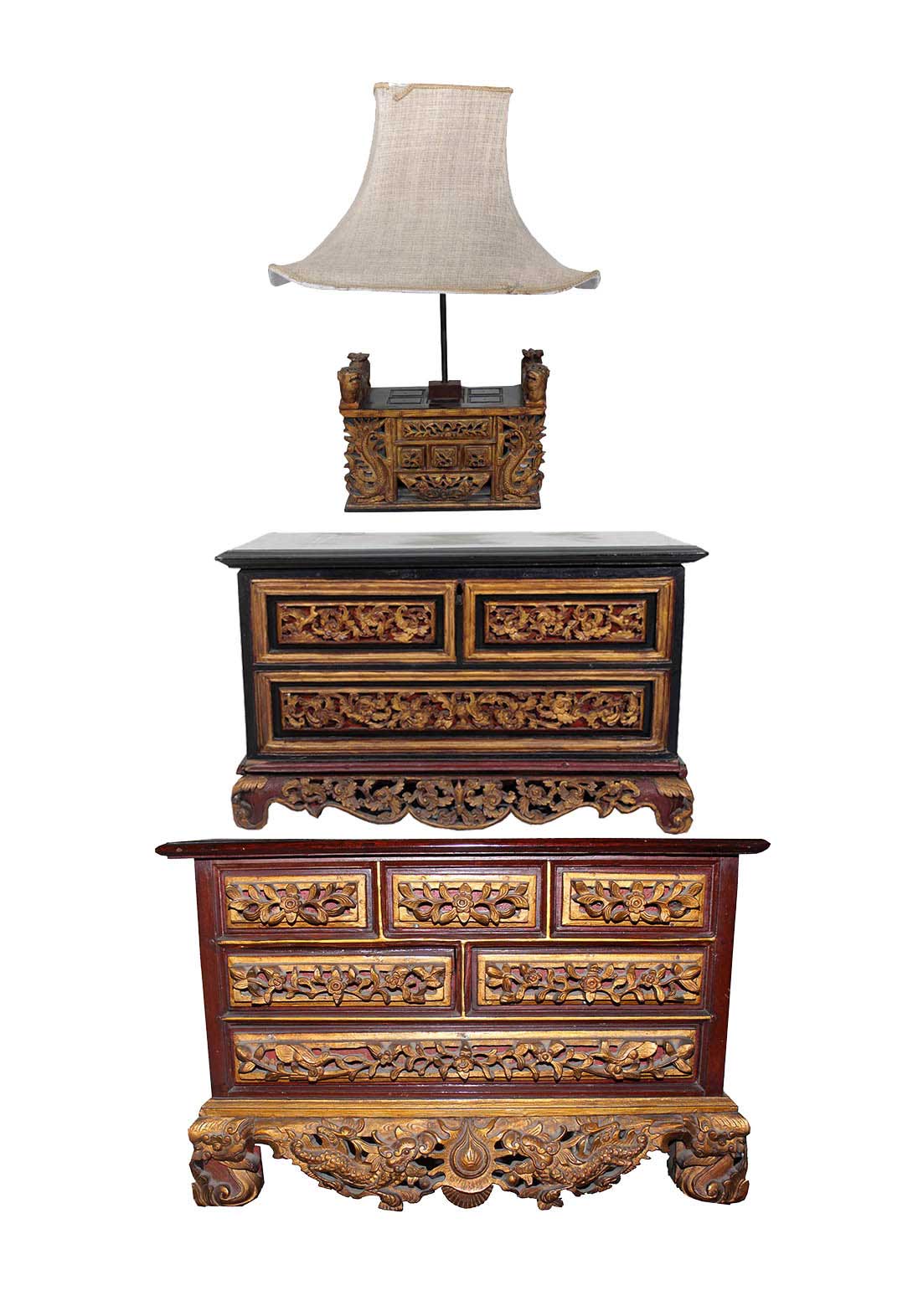 A set of three wooden brown gilt chest multi-drawers brown and gold botekan chest