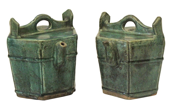 Two pieces of Late Qing 19th century green glazed hexagonal Shiwan pottery teapot