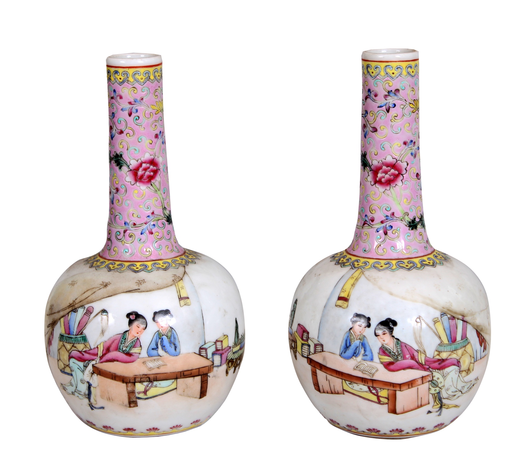 A pair of Chinese famille rose bottle vase painted with figures circa 1980&rsquo;s