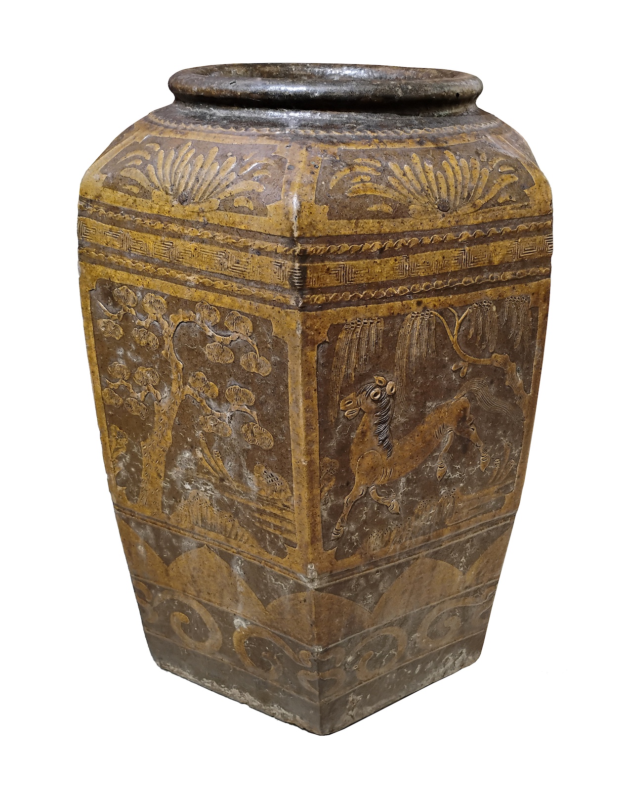 A late 19th century Chinese hexagonal storage jar with birds and floral in yellow occhre