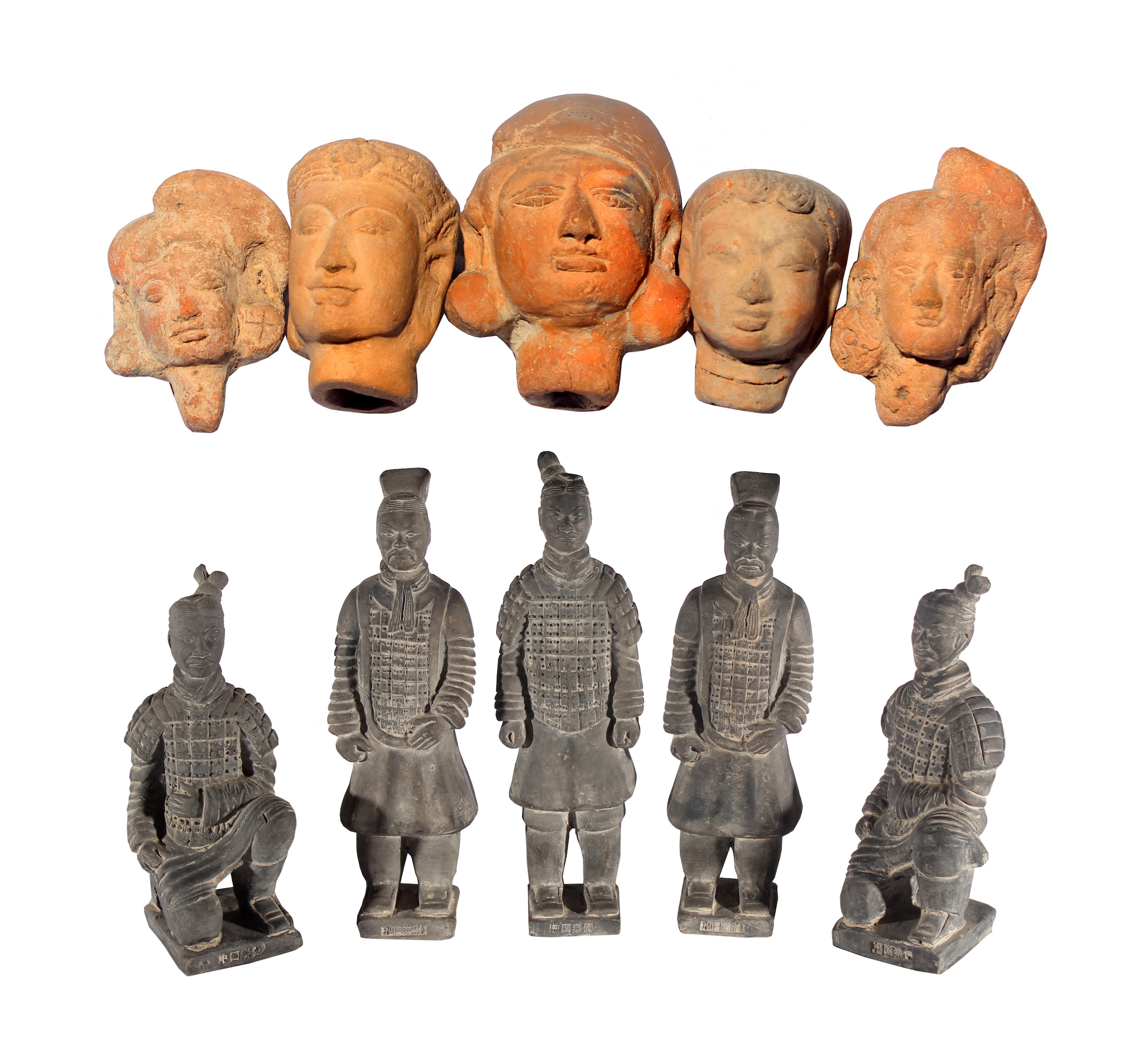 A group of statues consisting of five Majapahit terracotta heads and five modern Chinese terracotta warrior