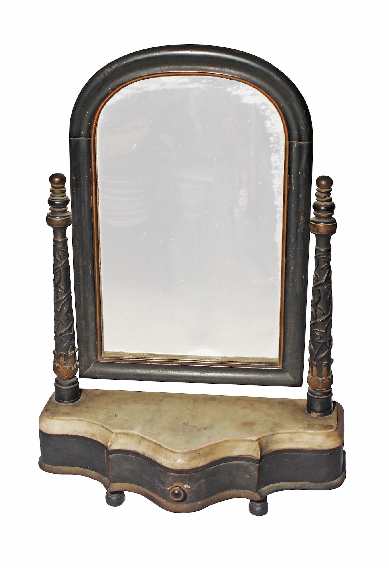 A late 19th century carved teak dressing table mirror with drawer and marble top