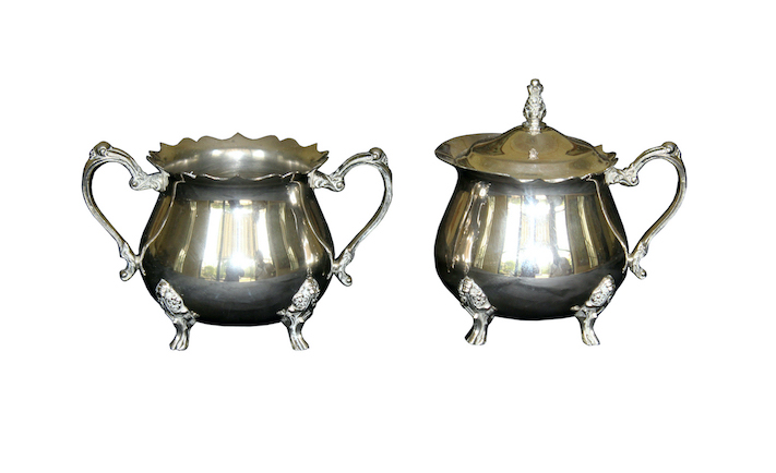 Silver plated sugar and mustard pots with lids, stamped Ecstasy AHP
