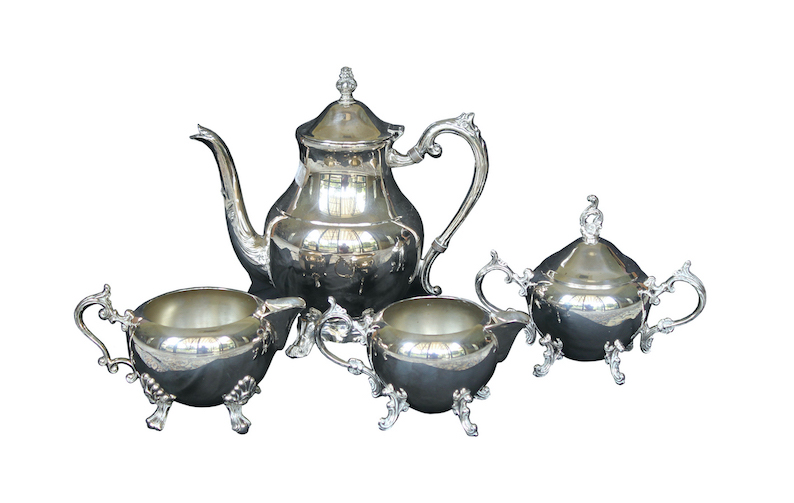 A silver plated tea set, consisting of a tea pot, a sugar pot, a milk pot and a creamer pot with lid, stamped F B Rogers