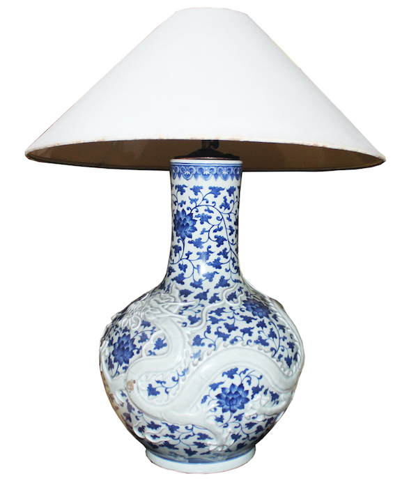 A Chinese blue and white globular vase as lamp base with dragon motif