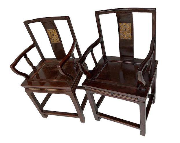 A pair of Peranakan Chinese style wood armchairs