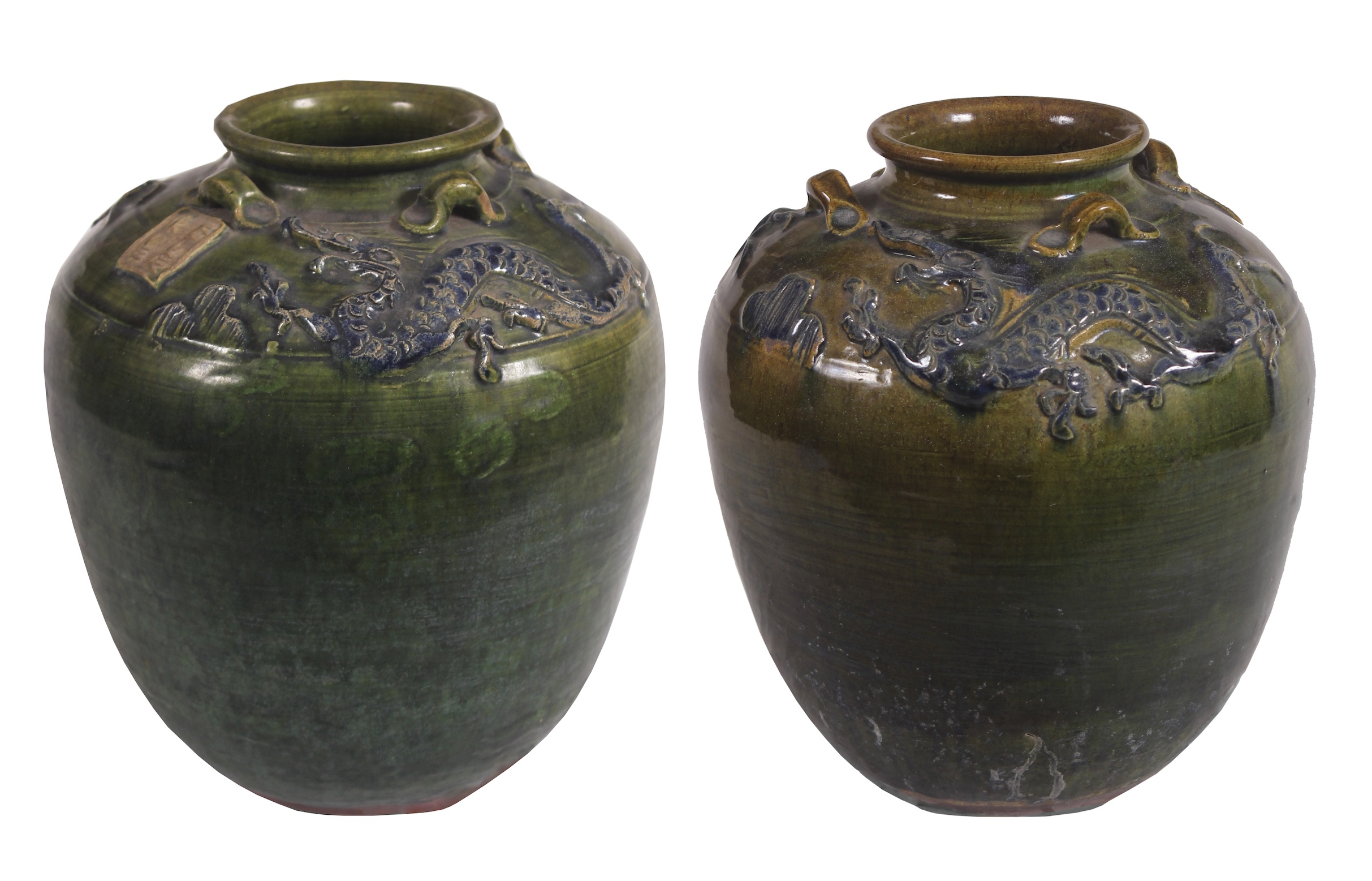 Two pieces modern green glazed dragon jars