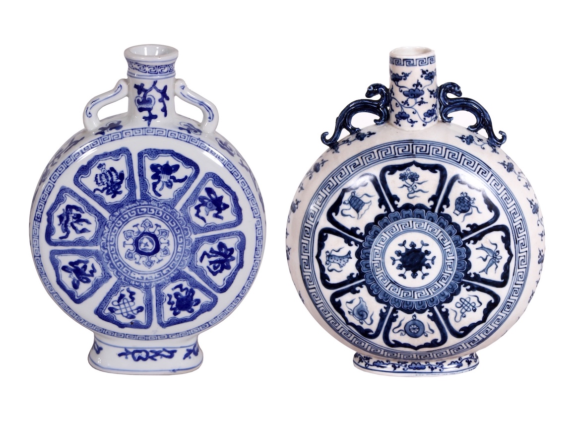 Two pieces modern Chinese moon flasks blue and white
