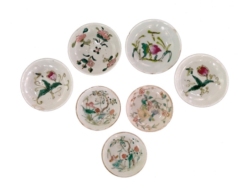 Seven pieces of late Qing early republic famille rose verte 
 saucers with Cheng Xie Sheng Mark