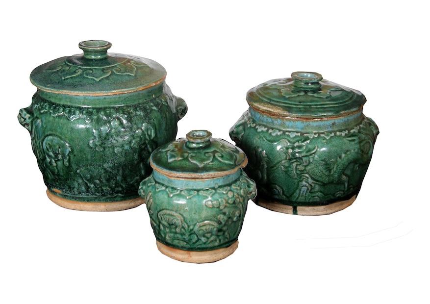 Three late qing dynasty shiwan green glazed covered jar