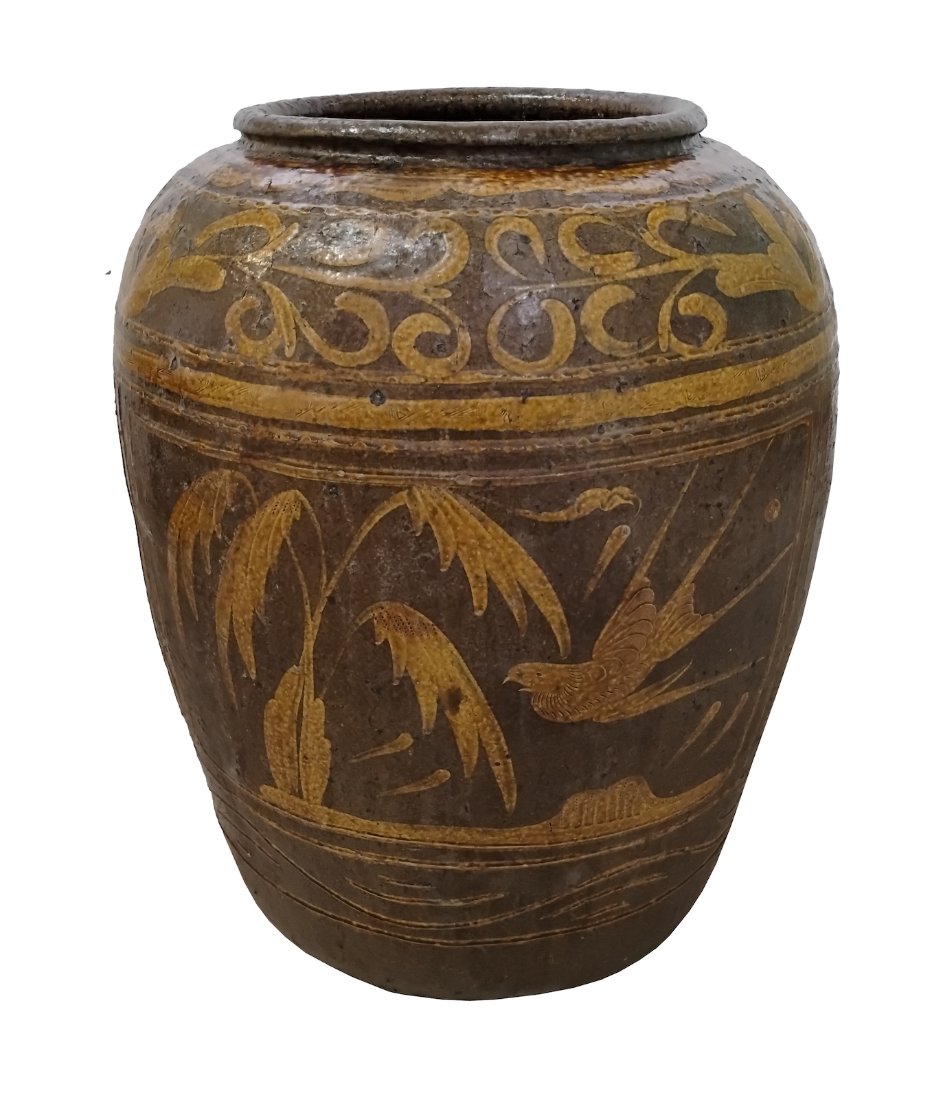 A 19th - 20th century Chinese stoneware storage jar decorated with birds and floral in yellow ochre
