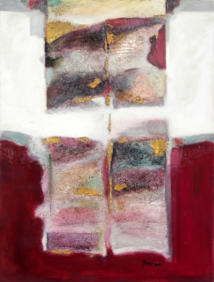 Gold Composition on Red and White Field