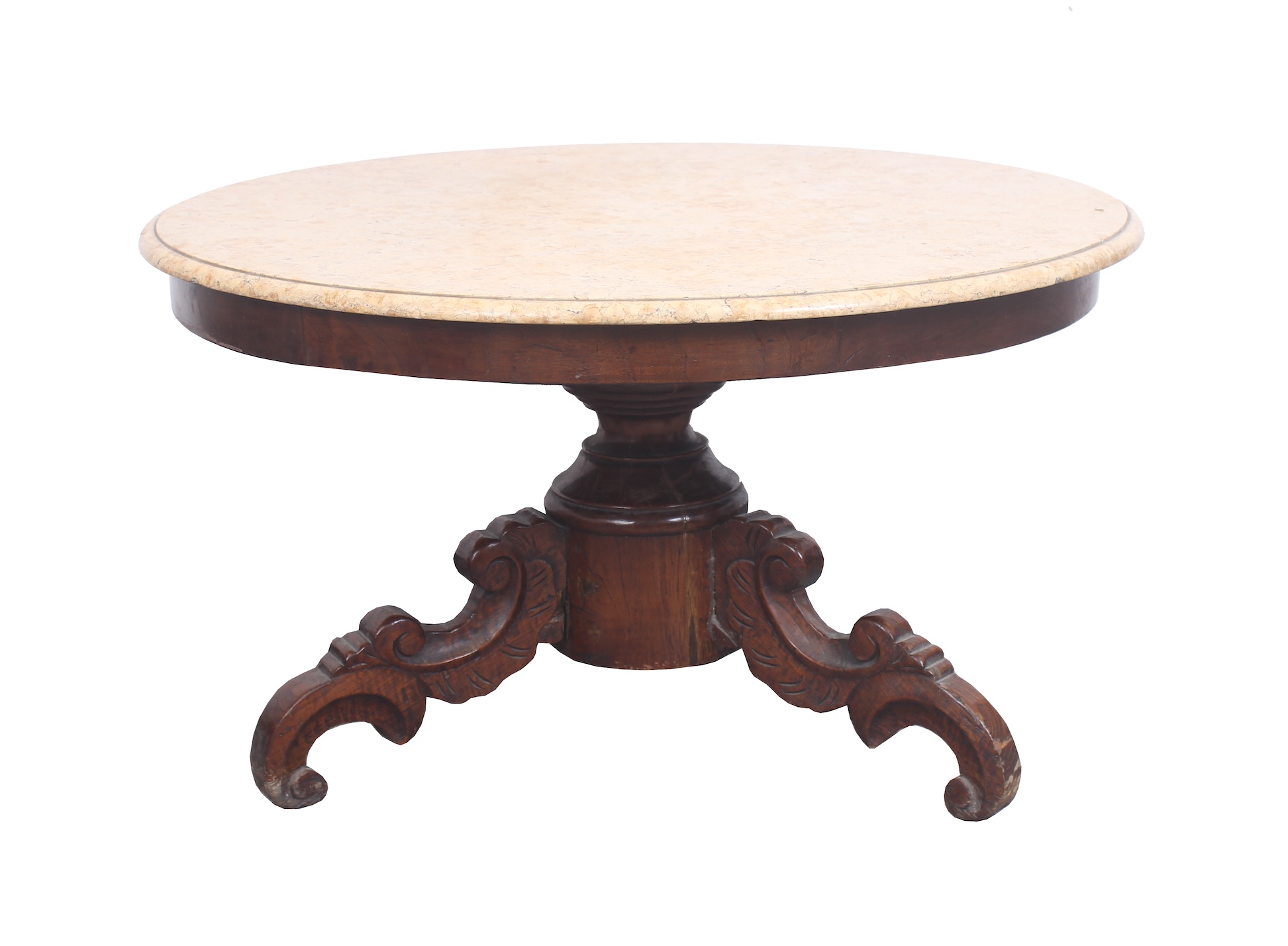 A 19th early 20th century carved teak round table with marble top
