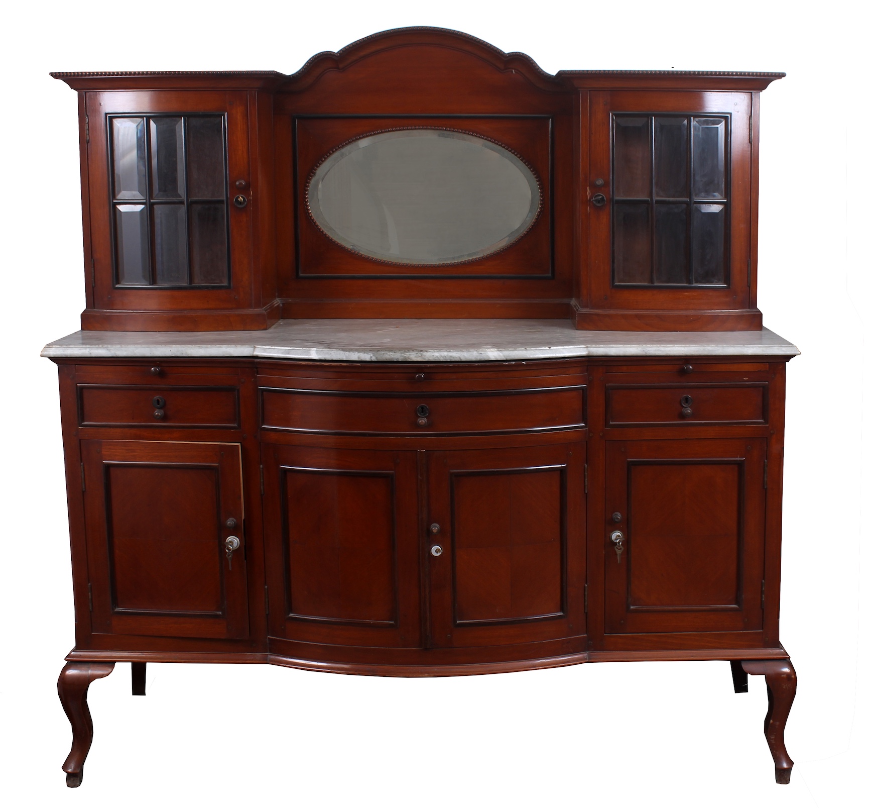 An early 20th century Dutch colonial period carved teak side board with drawers small cabinets and mirror marble top