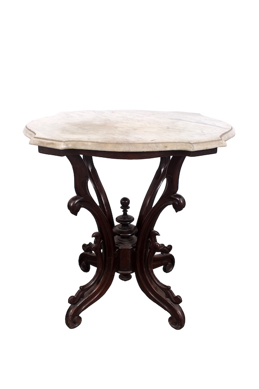 A 19th - 20th century carved teak table with tortoise shape marble top