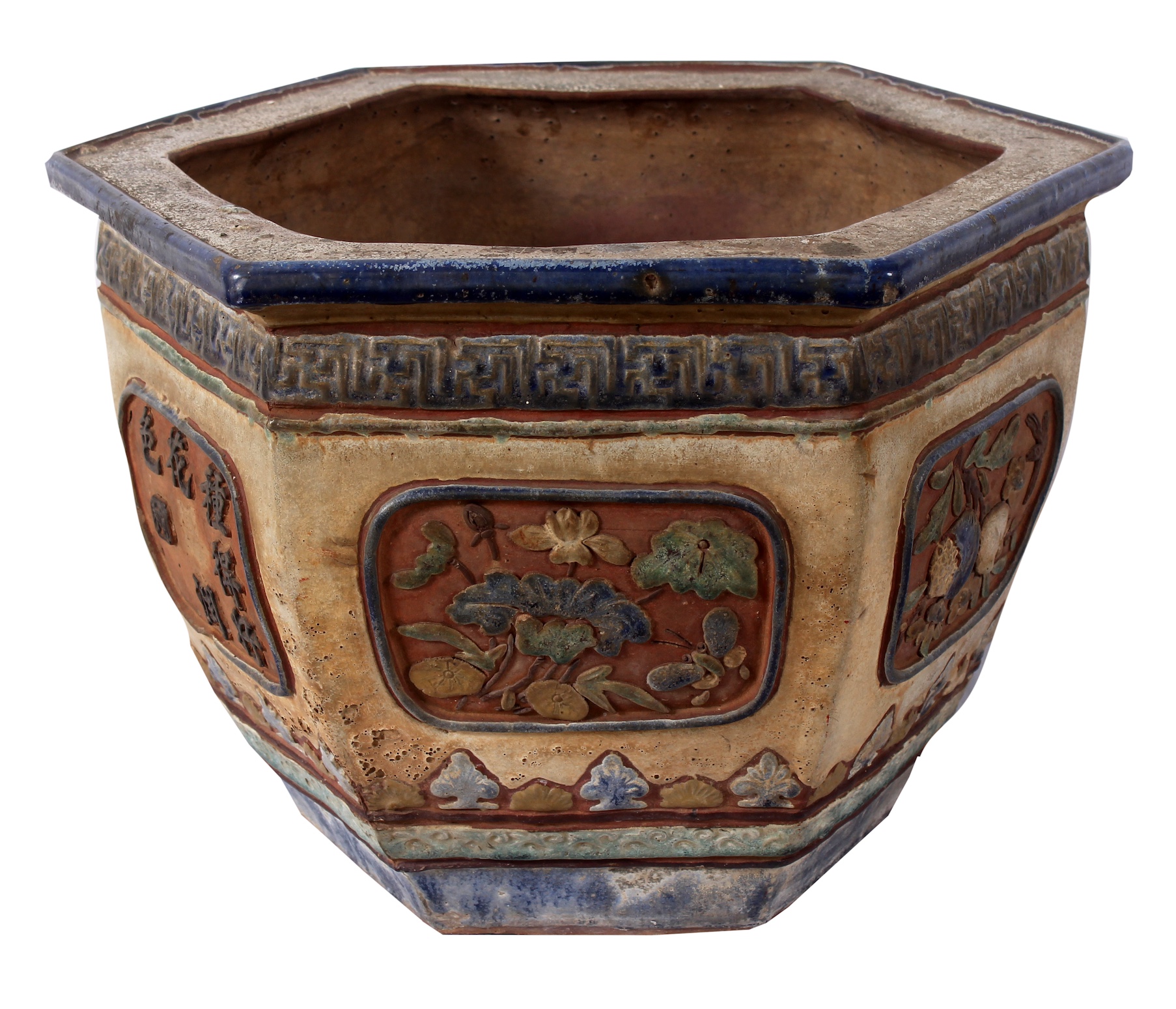 A 19th - 20th century hexagonal polychrome Chinese ceramic pot
