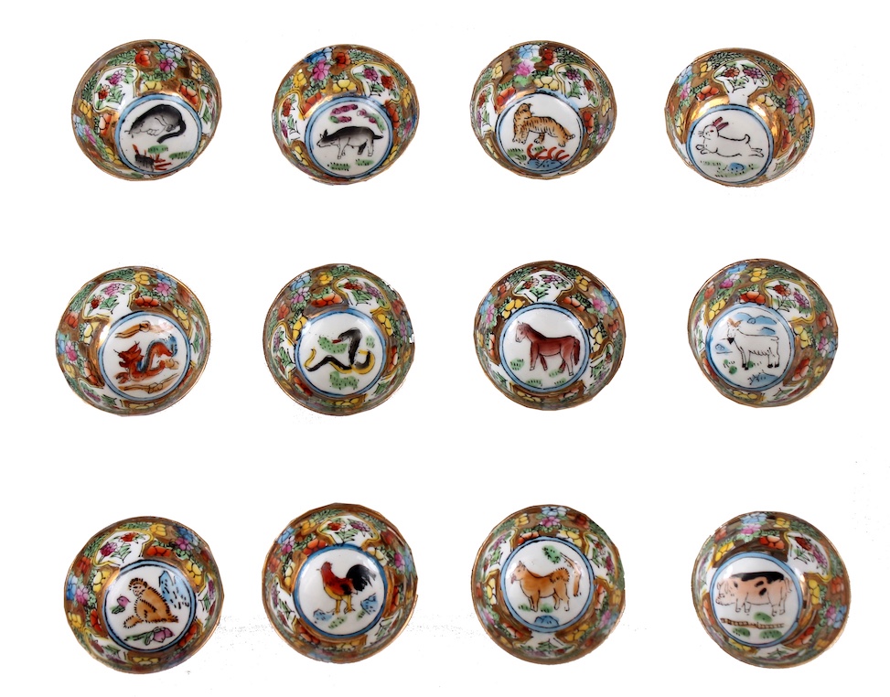 Twelve pieces modern Chinese eggshell small zodiac cups