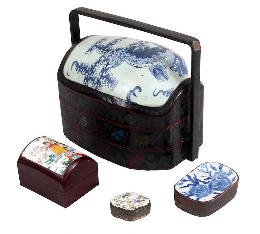 A group of four Chinese wooden and brass jewellery boxes with shands mounts