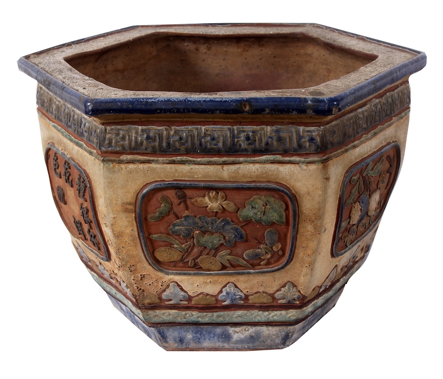 A 19th - 20th century hexagonal polychrome Chinese ceramic pot
