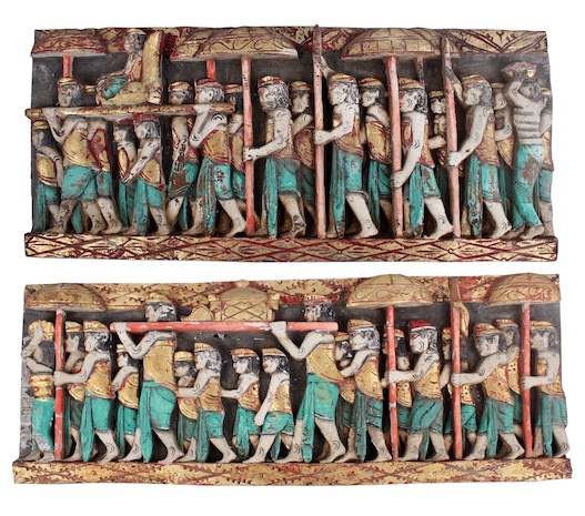Two pieces carved wood wall panel figures in polychrome