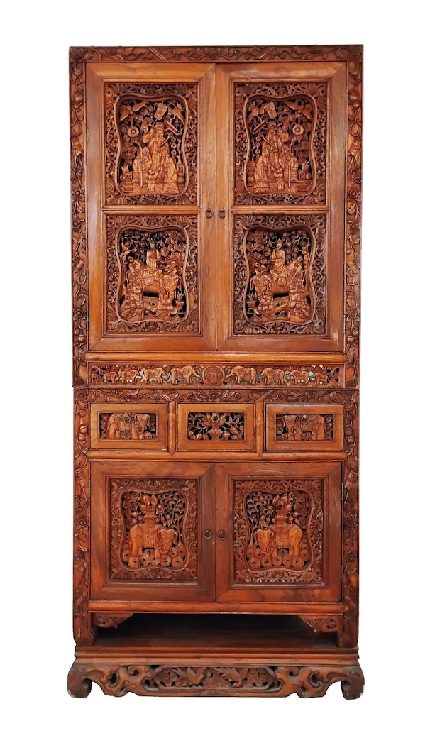 A 20th century peranakan Chinese cuiho style three tier cabinet with figure and elephant motifs