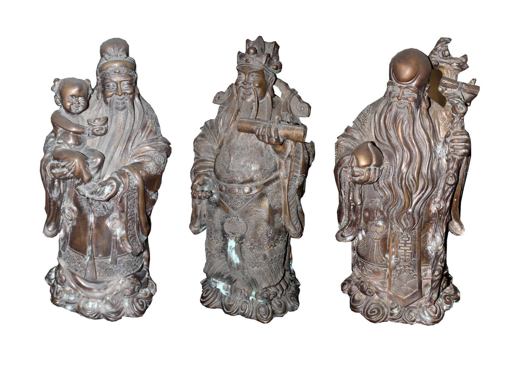 A set of three of 20th century Chinese bronze statues in a figures three star of Gods