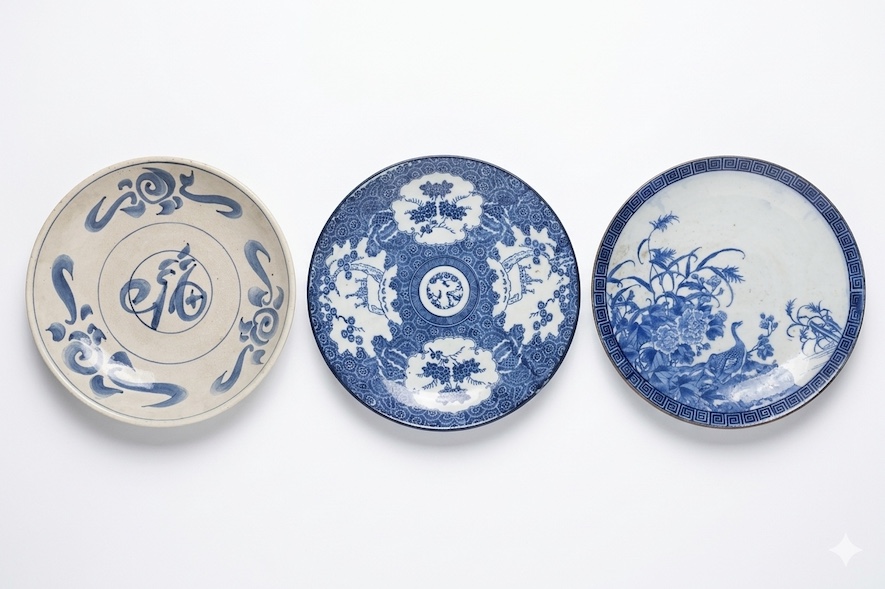 A set of three consisting of two pieces Japanese blue and white plates and a 20th century hand painted with Fu character