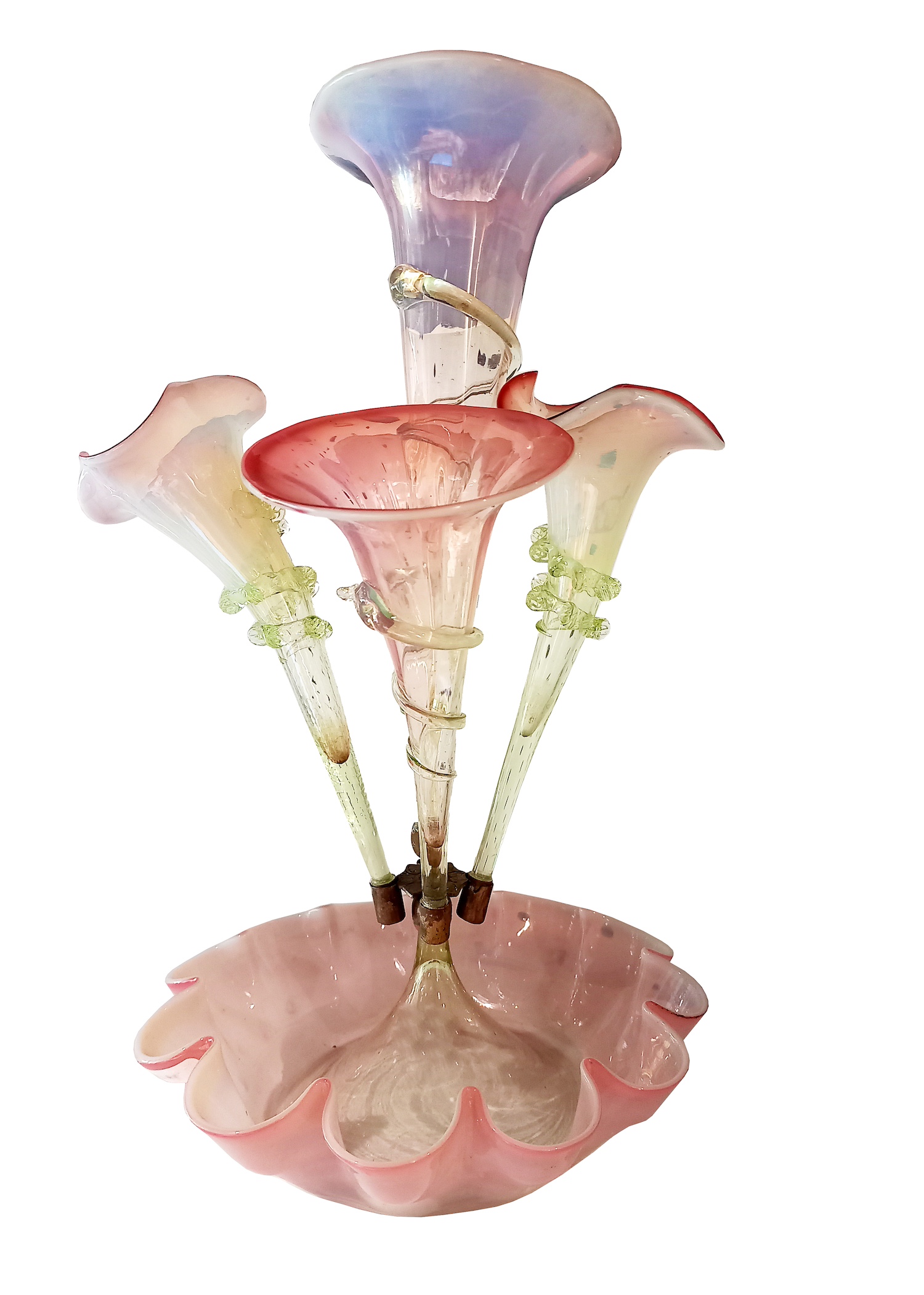 A late 19th - early 20th century European milk and pink glass epergne