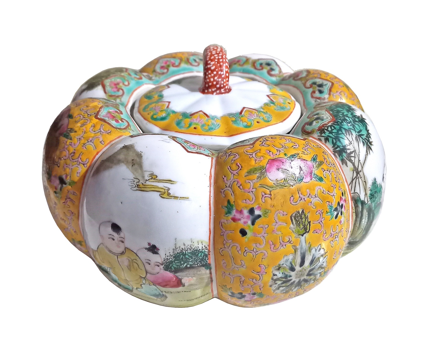 A Chinese famille rose pumpkin form covered box circa 1980’s