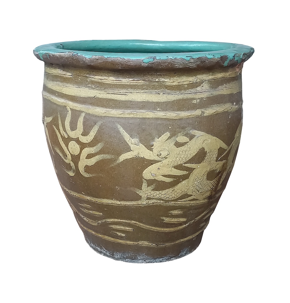 A 19th - 20th century Chinese stoneware fish bowl decorated with dragons in yellow ochre