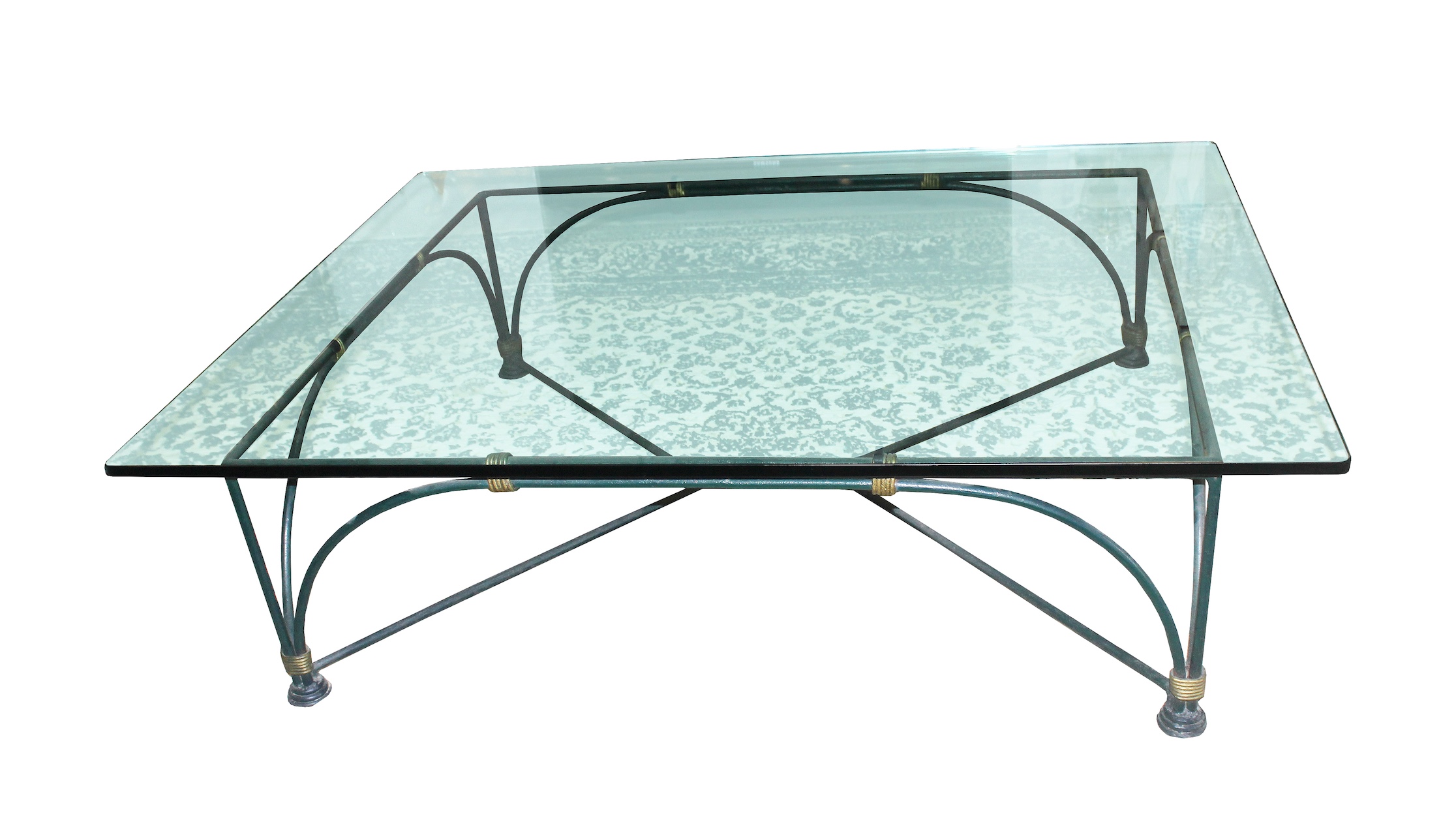 A glass table with iron frame