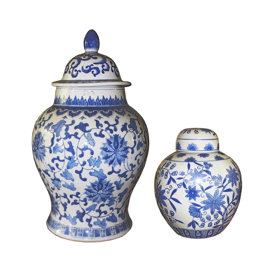 Two pieces of 20th century blue and white ceramic covered jars