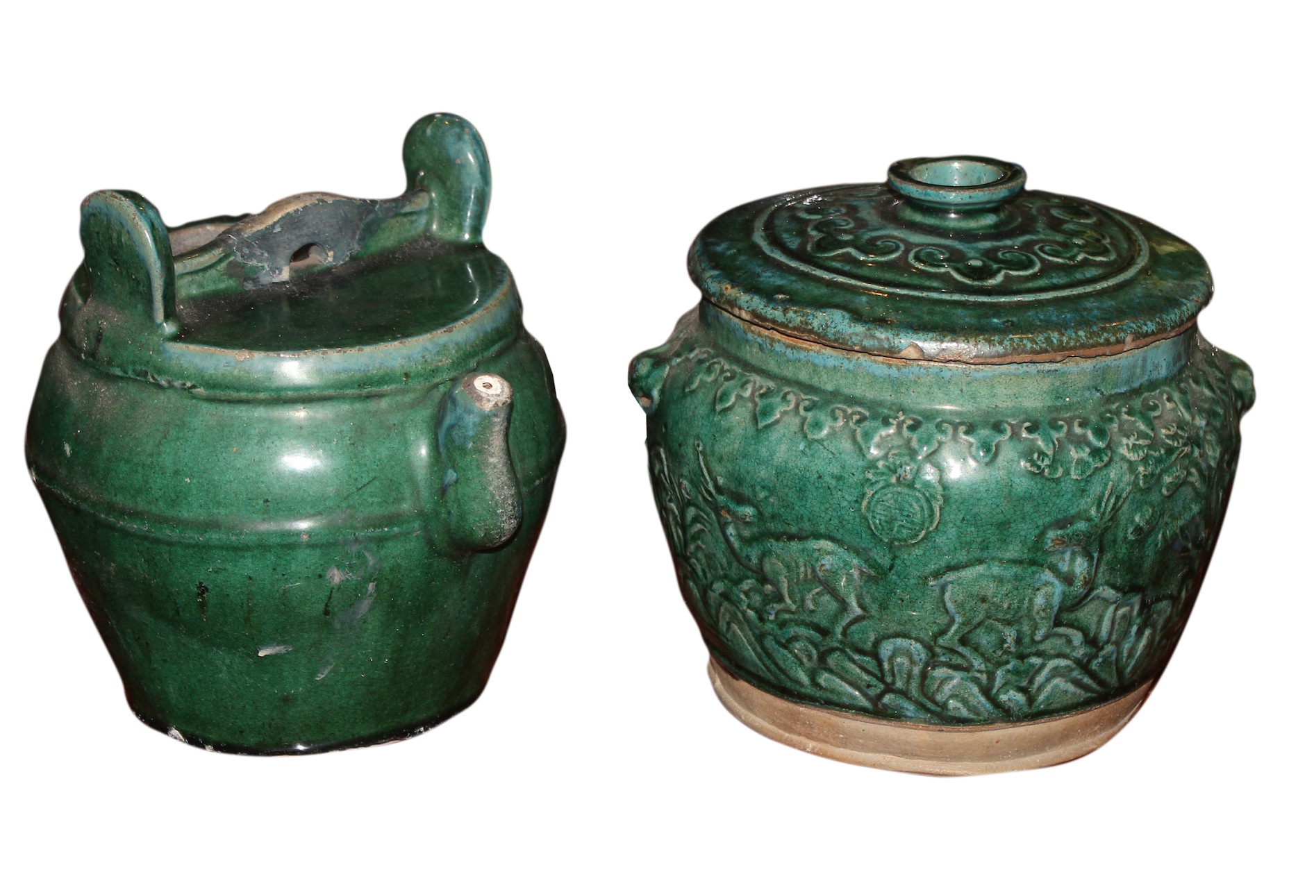 Two pieces of late qing 19th early 20th century Shiwan ware tea pot and covered jar
