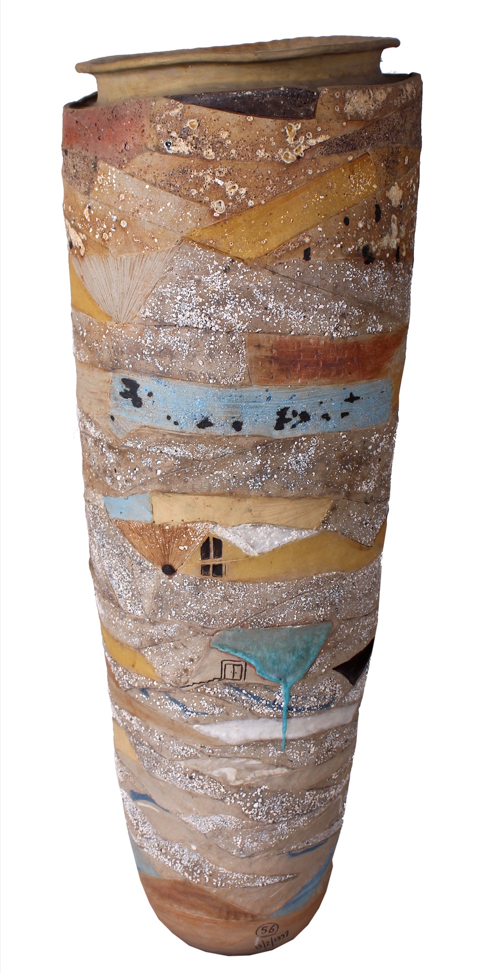 A 20th century contemporary ceramic large cylinder vase with polychrome colours by Keng Shin