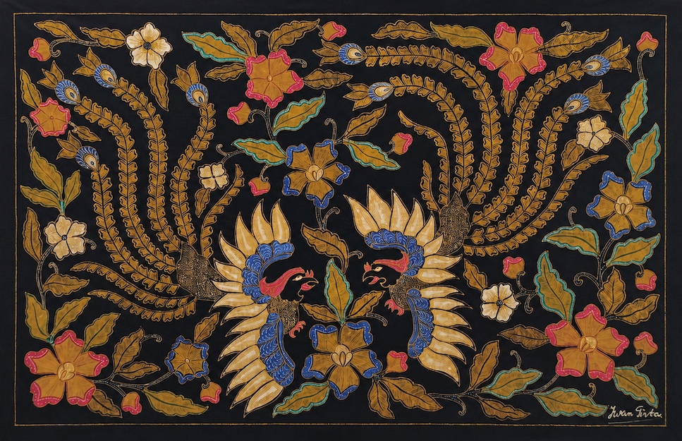 A late 20th century Batik wall decoration by Iwan Tirta with pair of flying birds motif