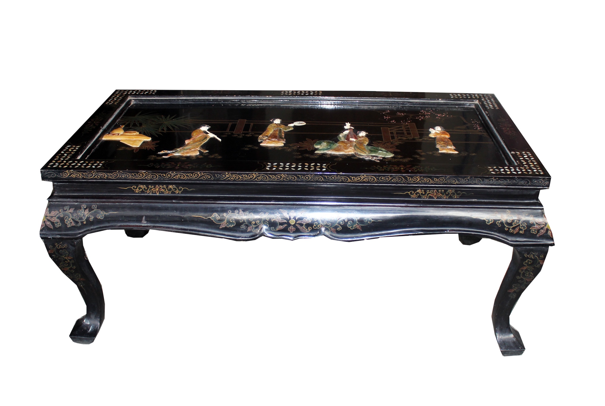 A Chinese style laquared low table decorated with figures in the garden