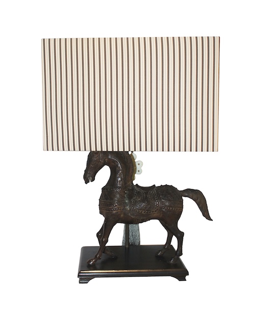 A 20th century table lamp on a bronze horse-shaped stand